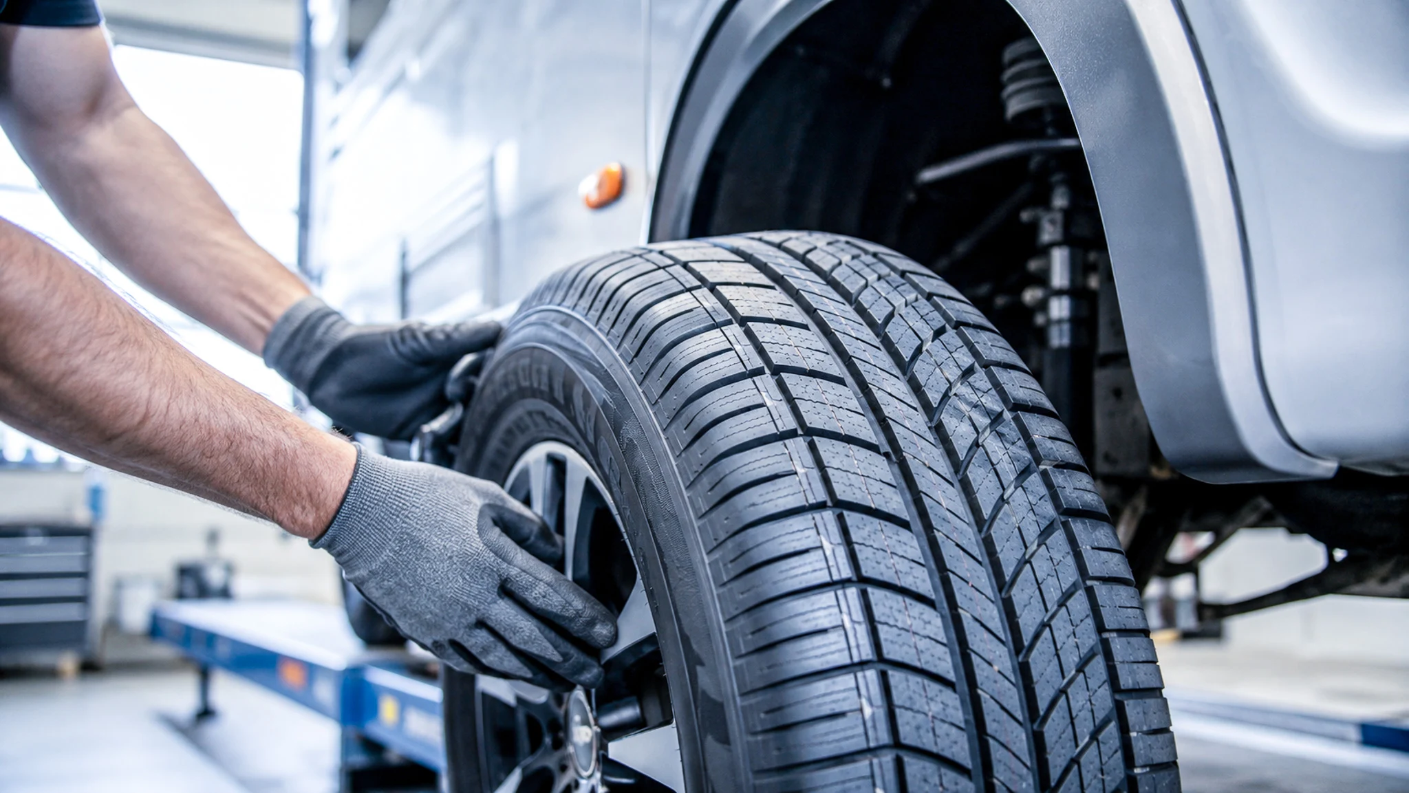 Changing a tire on a motorhome in a repair shop.