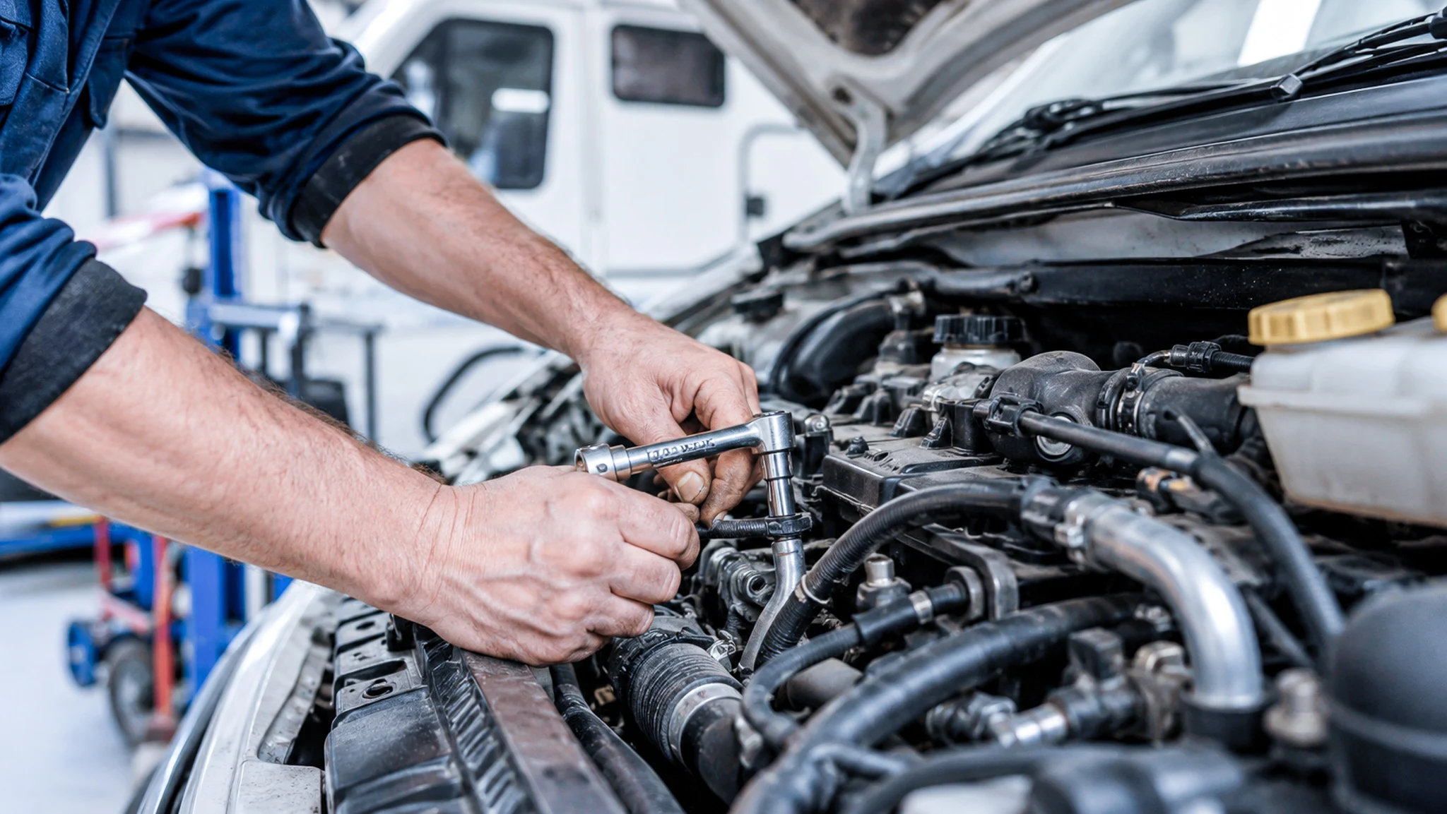 Motorhome engine maintenance with tools in a garage.