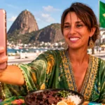 Caroline taking a selfie with her smartphone in front of Rio de Janeiro with Christ the Redeemer and Sugarloaf Mountain in Brazil