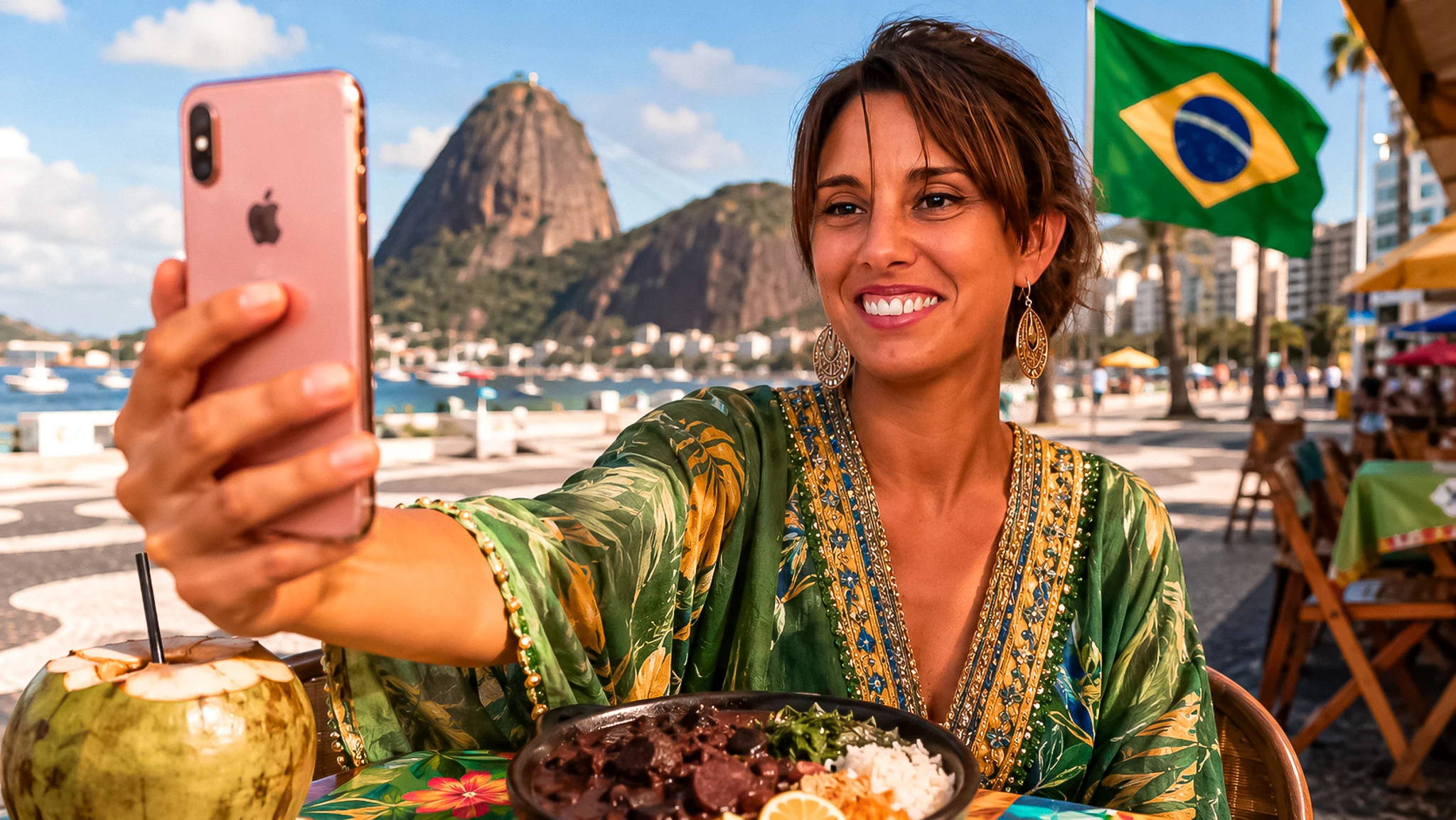 Caroline taking a selfie with her smartphone in front of Rio de Janeiro with Christ the Redeemer and Sugarloaf Mountain in Brazil