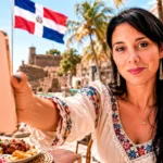 Caroline taking a selfie with her smartphone in front of a palm-lined beach in Punta Cana, Dominican Republic