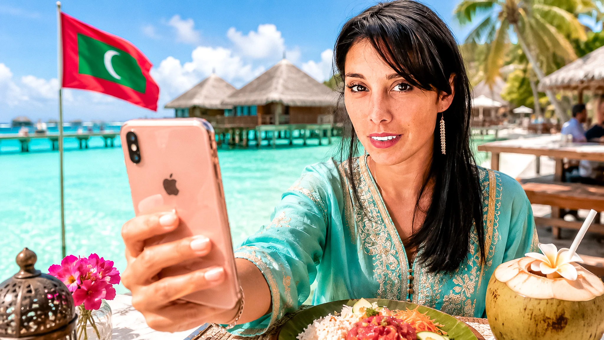 Caroline taking a selfie with her smartphone in front of an overwater villa and turquoise lagoon in the Maldives