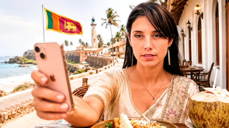 Caroline in Sri Lankan dress taking a selfie with her smartphone in front of the tea train in Sri Lanka