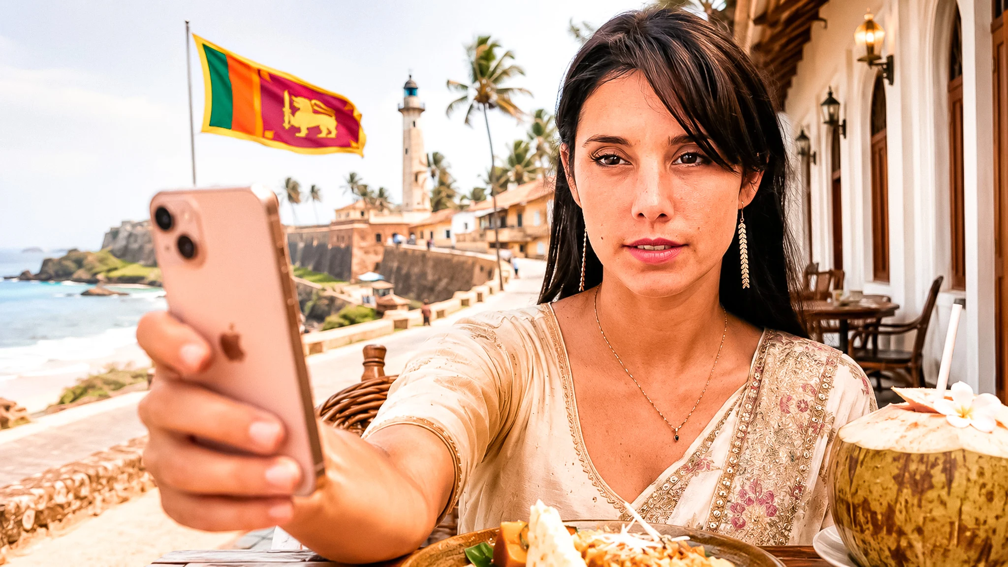 Caroline in Sri Lankan dress taking a selfie with her smartphone in front of the tea train in Sri Lanka