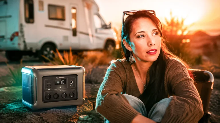 Silent solar station set at sunset near a camper van, without a generator