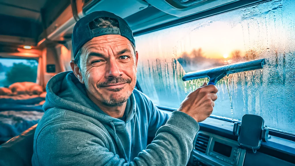 Xavier wipes condensation off the misted-up windscreen of his campervan at dawn