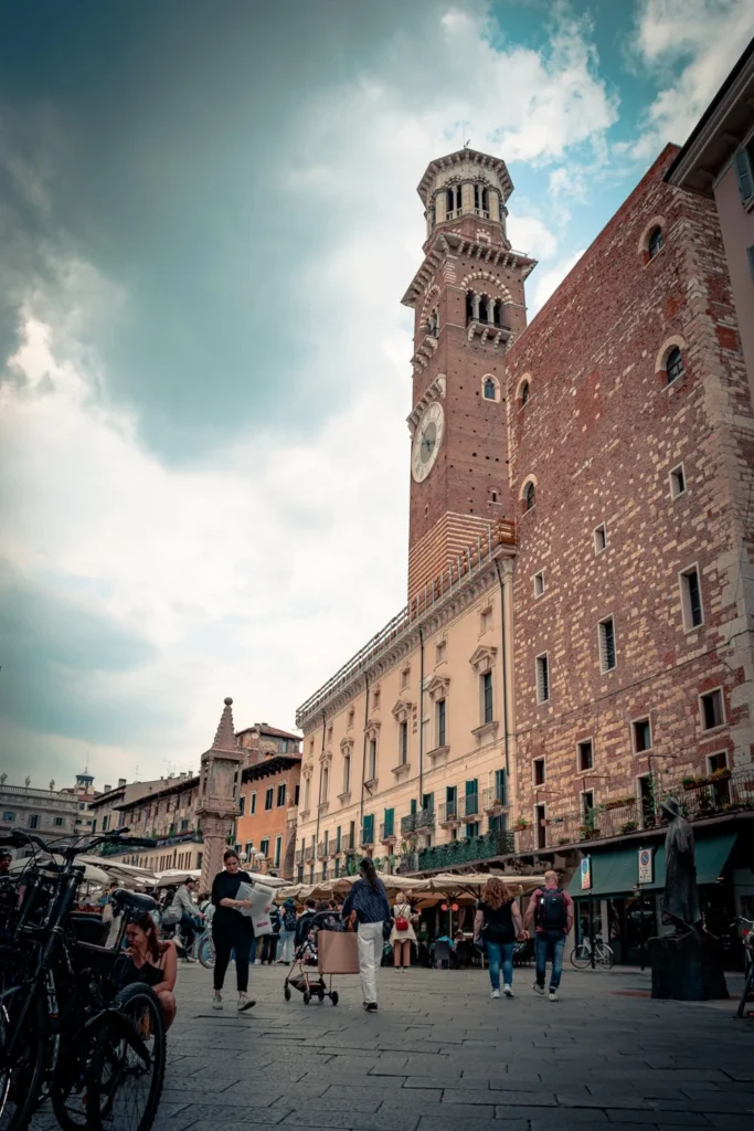 Verona's Piazza delle Erbe dominated by the Torre dei Lamberti