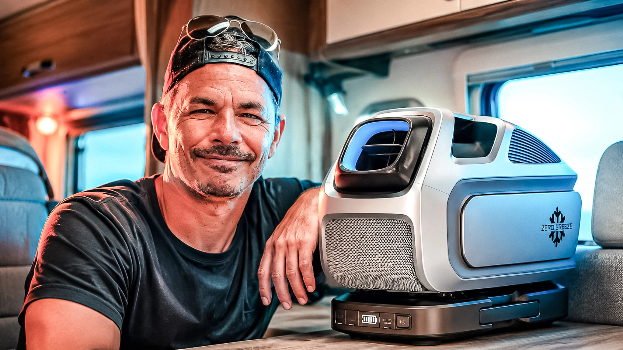 Xavier next to the battery-powered portable air conditioner Zero Breeze Mark 3 in a camper van