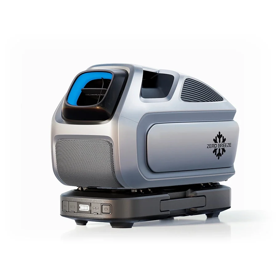 Zero Breeze Mark 3 portable air conditioner sitting on its battery, three-quarter view