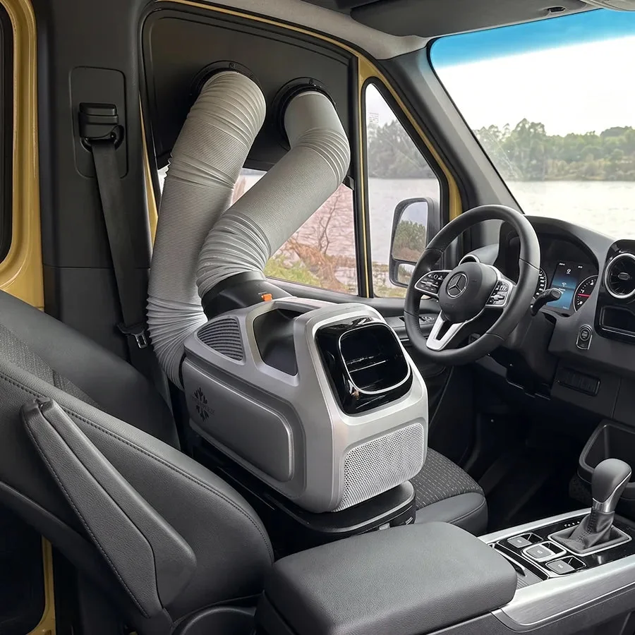 Zero Breeze Mark 3 fitted in a Mercedes Sprinter van, hoses and cold-air outlet in the cabin