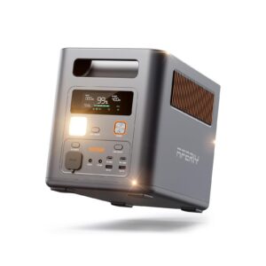 AFERIY Nomad1800 Pro portable power station, three-quarter view with the LCD screen and the 1800 W output panel lit up