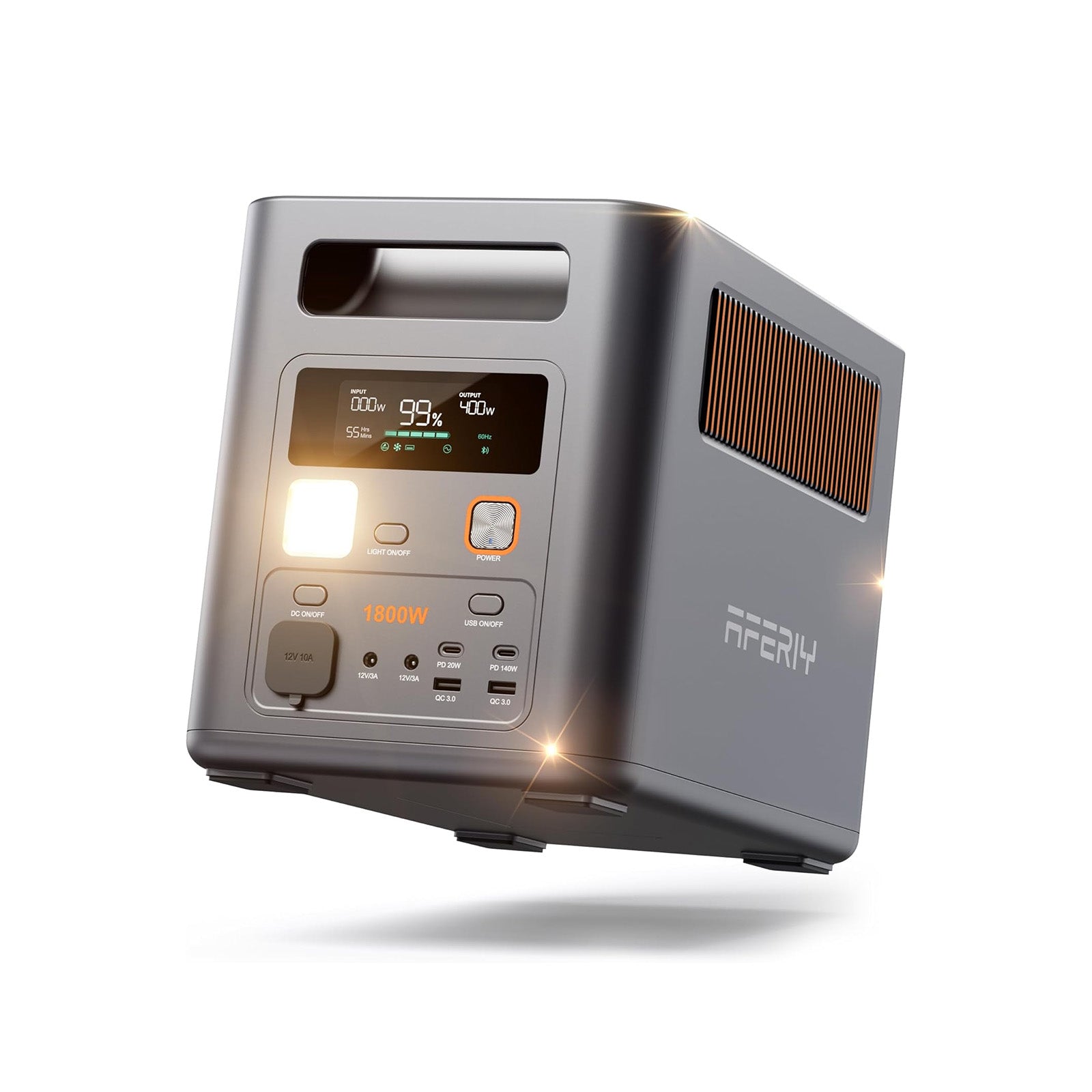 AFERIY Nomad1800 Pro portable power station, three-quarter view with the LCD screen and the 1800 W output panel lit up