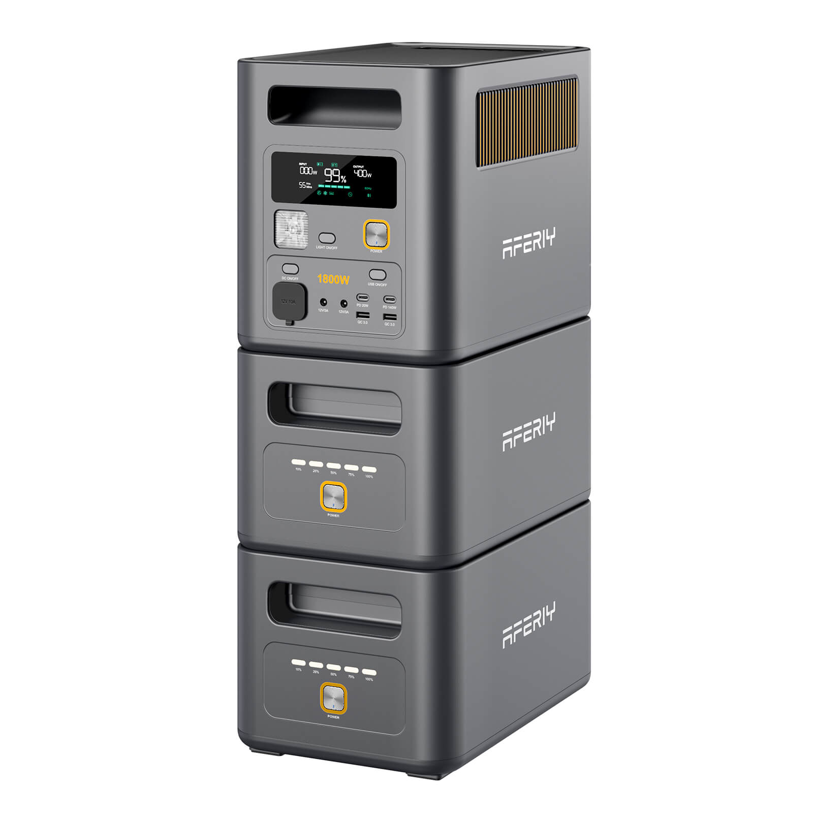 AFERIY Nomad1800 Pro stacked on two P180-B expansion batteries, a tower reaching 3072 Wh