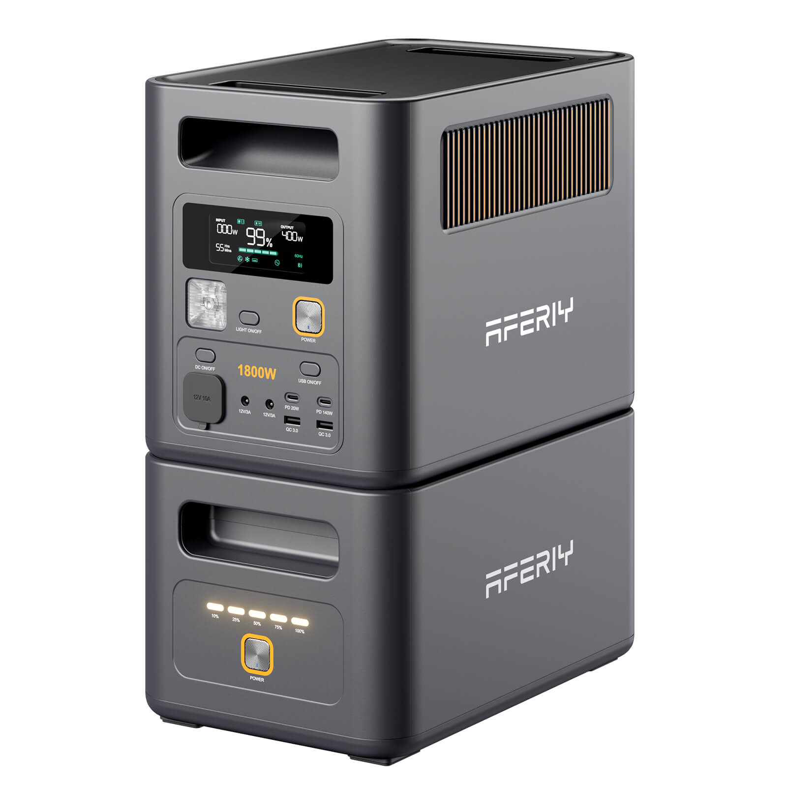 AFERIY Nomad1800 Pro stacked on one P180-B expansion battery, taking the system to 2048 Wh