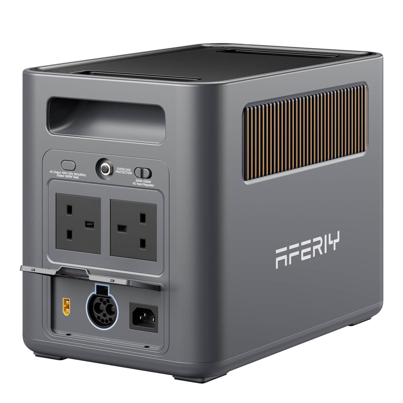 Rear panel of the AFERIY Nomad1800 Pro with its two AC sockets, overload protection and the 500 W to 1000 W AC input regulator switch