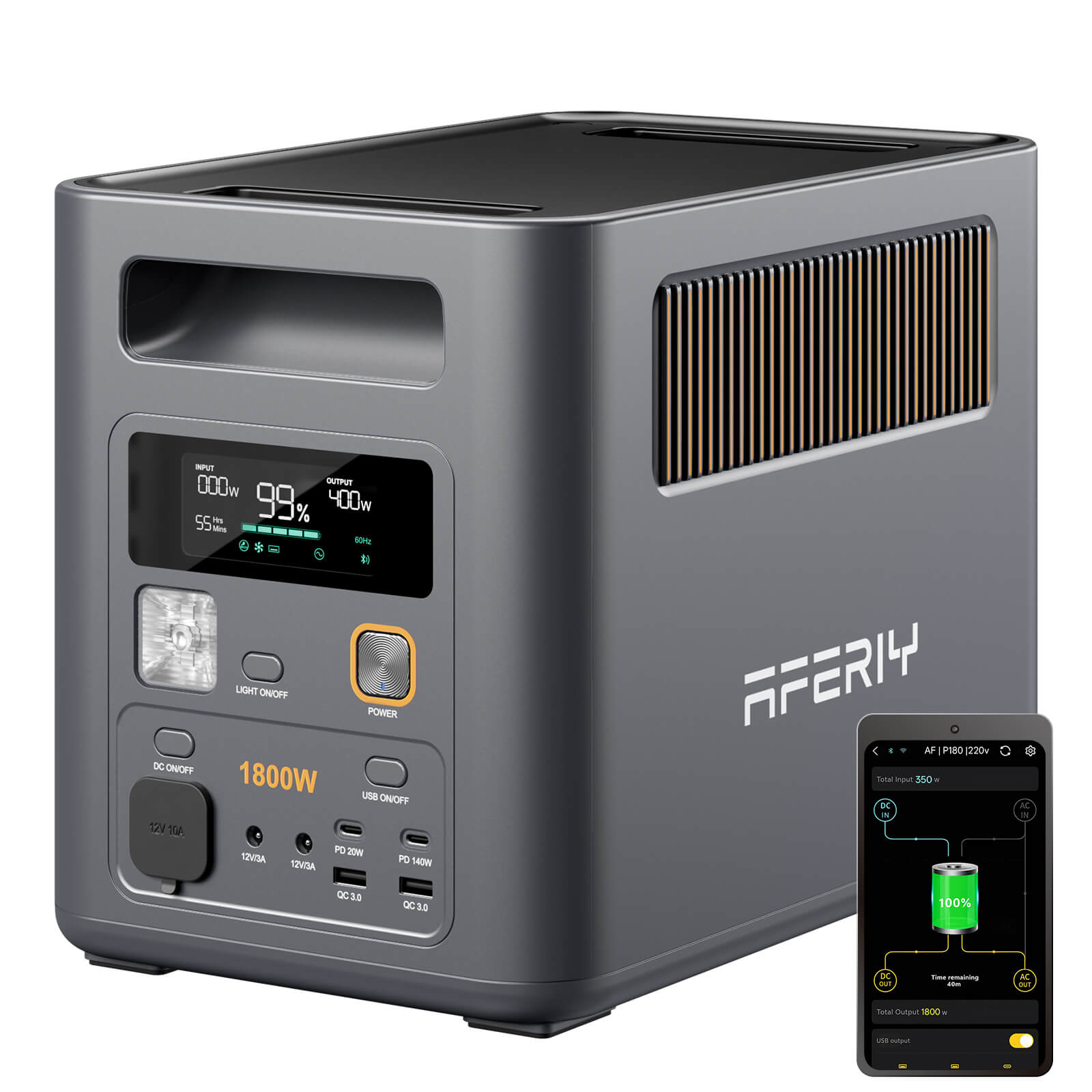 AFERIY Nomad1800 Pro next to a smartphone showing the app monitoring input, output and remaining runtime over Wi-Fi