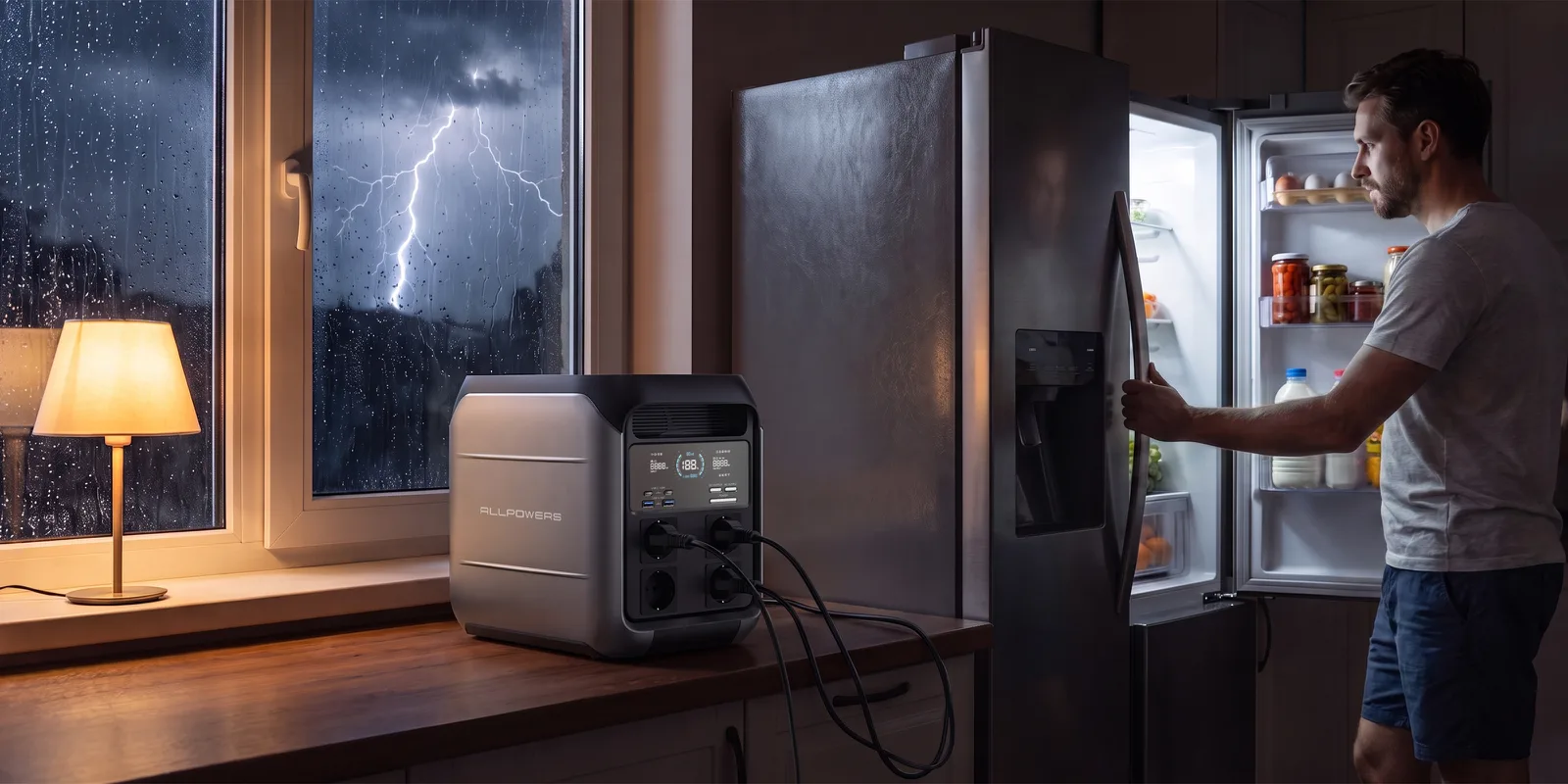 ALLPOWERS P1800 on a countertop powering a refrigerator during a power outage on a stormy evening