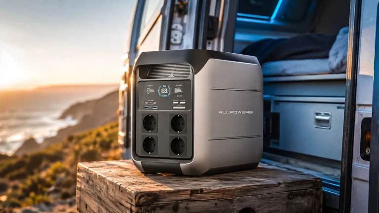 ALLPOWERS P1800 portable power station placed on a wooden crate at the open side door of a converted van, facing a coastline at sunset