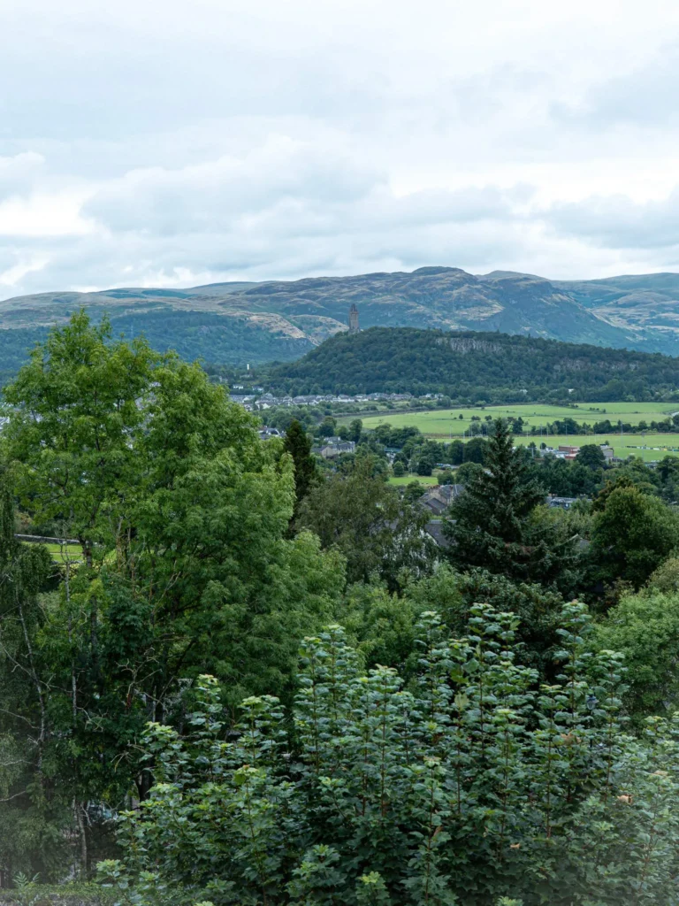 The view from Stirling Castle across the countryside to the Wallace Monument in the distance, the exact reverse of the view taken from the monument esplanade.