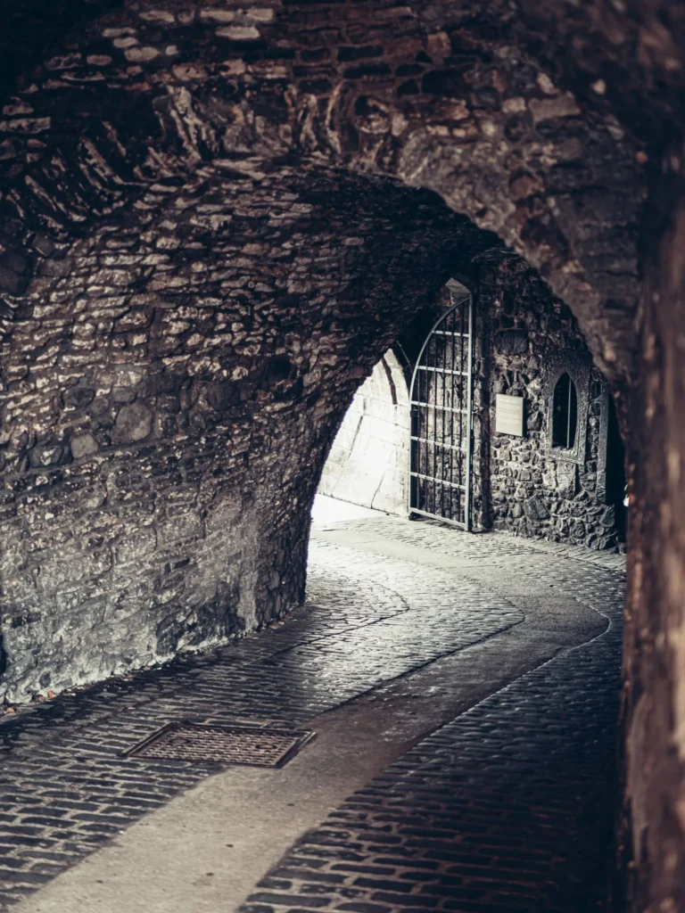 A vaulted stone passage inside Stirling Castle, with a wrought iron gate and old walls.
