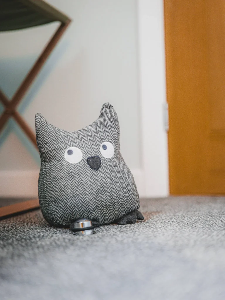 Owl-shaped cushion placed on a grey carpet in a room or hallway, typical cosy atmosphere of accommodation in the Scottish Highlands.