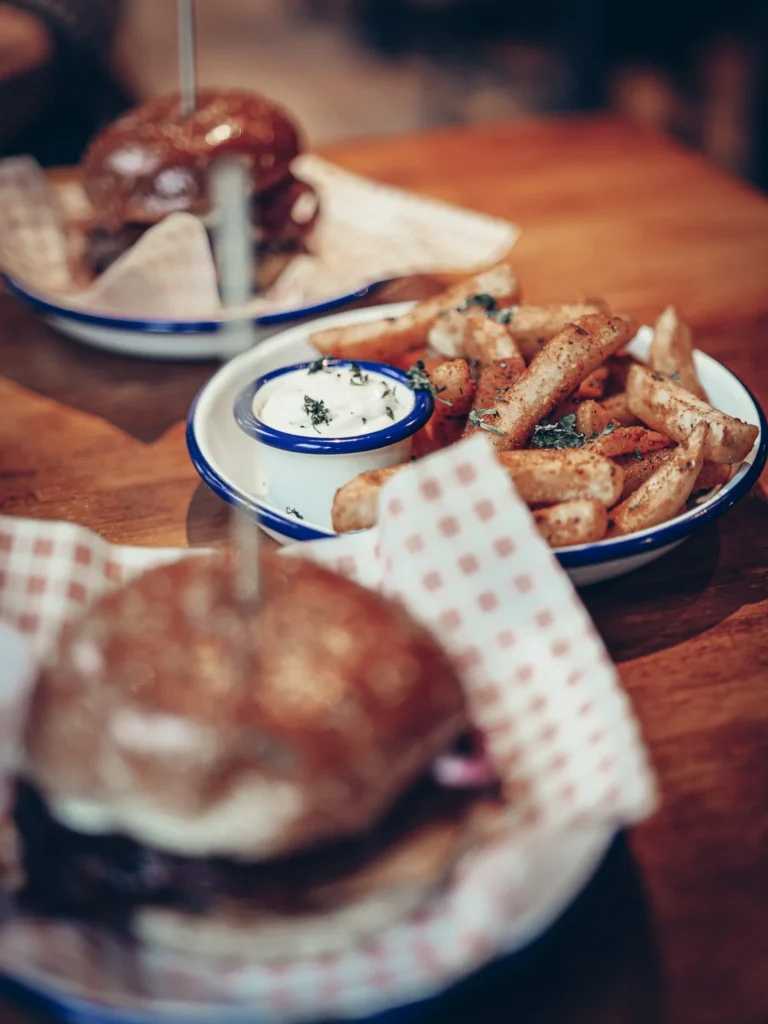 The two Slanj-A-Va burgers, the Notorious P.I.G. and The Classic, served with the Nae Kissin' fries, Stirling, Scotland.