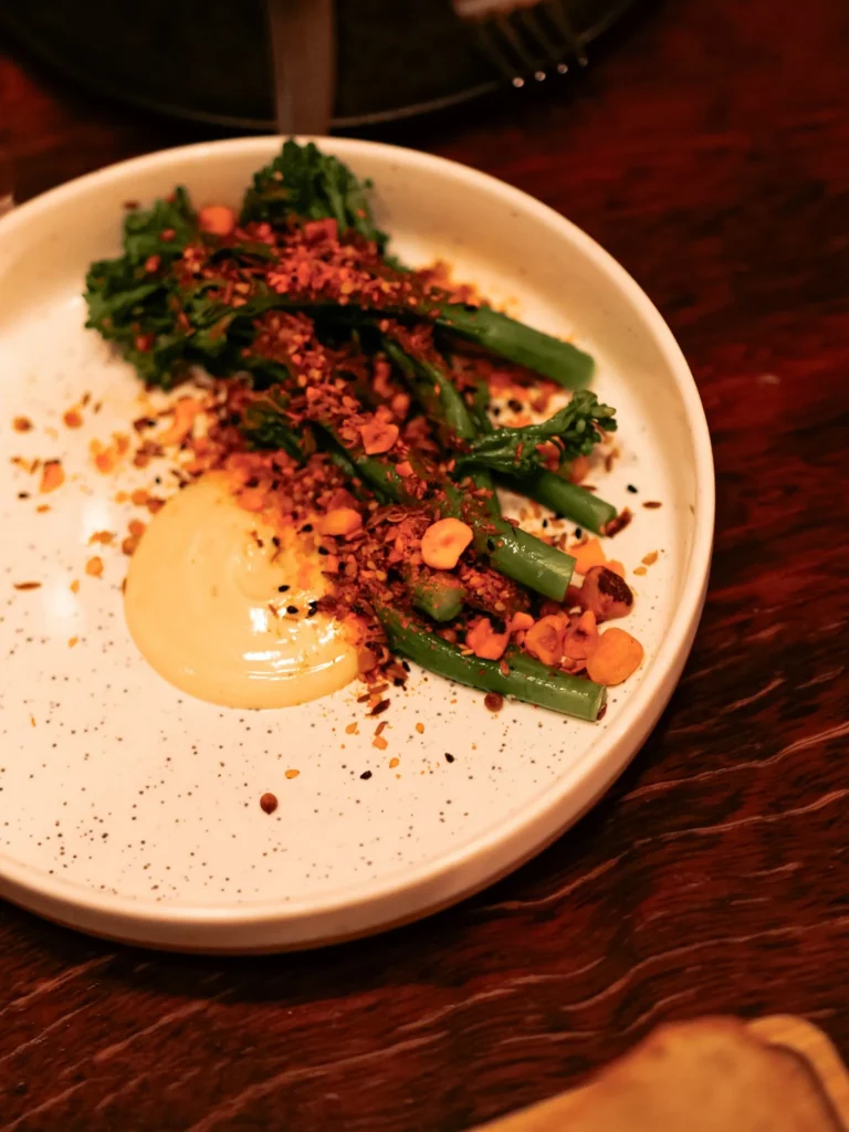Broccoli (£6.50), Caroline's starter at Stravaigin in Glasgow: broccoli coated in the smoked Caesar sauce, with a heavily smoky flavour, and scattered with hazelnuts.