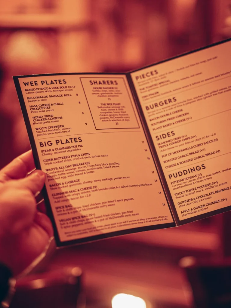 Menu of Waxy O'Connor's pub in Glasgow, sections Wee Plates and Big Plates