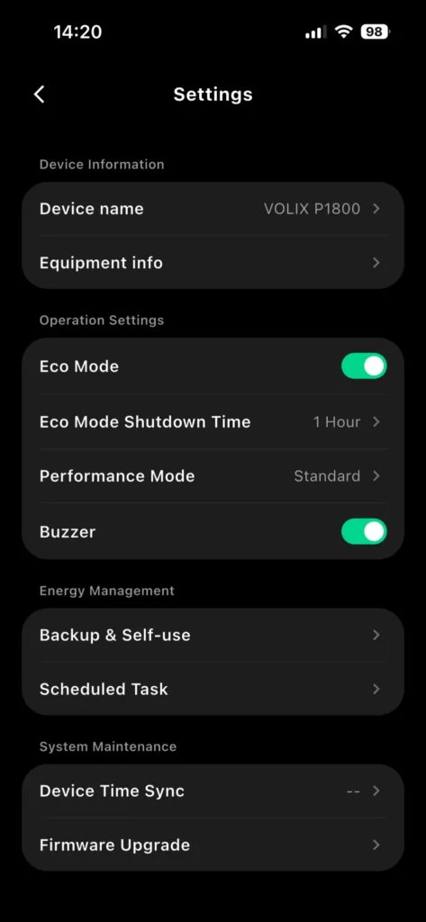 Screenshot of the ALLPOWERS app on phone, Settings page of the P1800 station (display name VOLIX P1800): Eco Mode active with a one-hour shutdown delay, Performance Mode set to Standard, buzzer active. Visible menus: Equipment info, Backup & Self-use, Scheduled Task, Device Time Sync, and Firmware Upgrade. Interface in English.