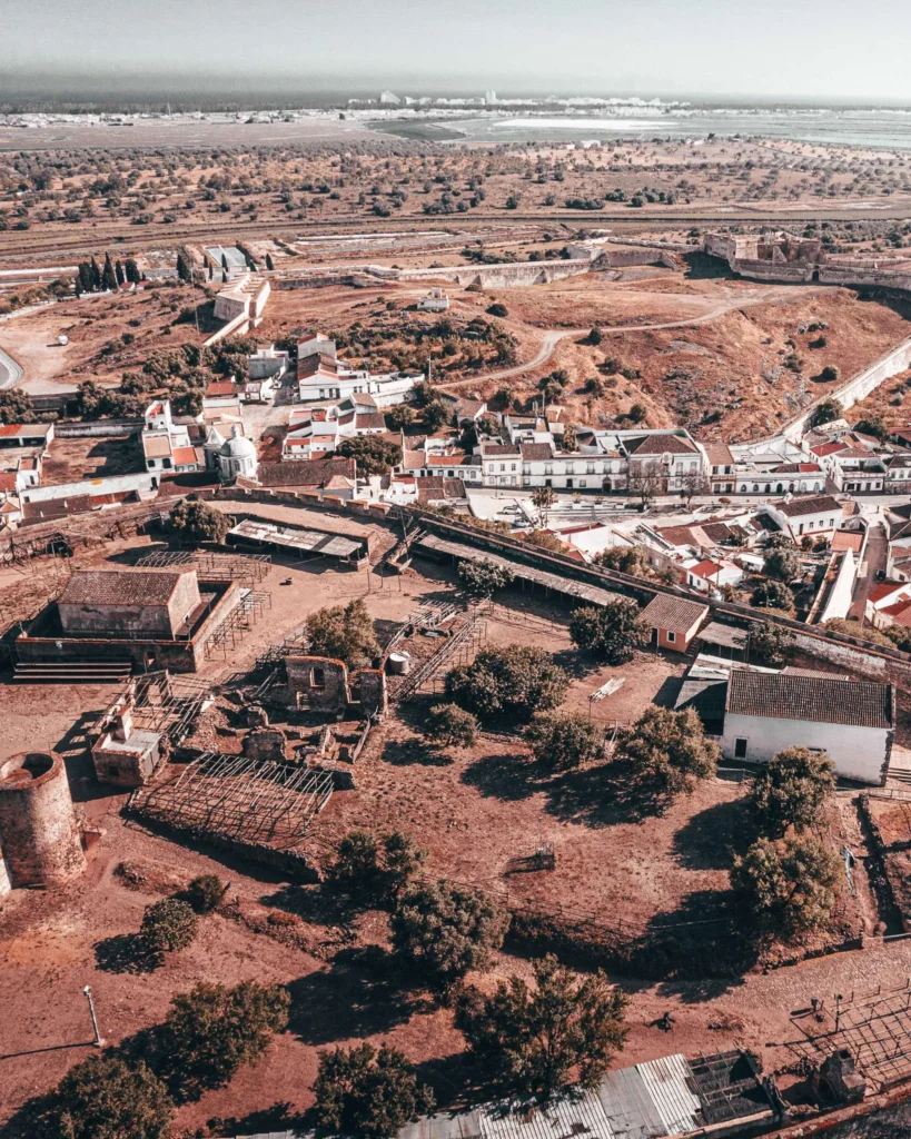 Aerial view of the Castro Marim fortress and its arid surroundings in the Algarve, Portugal, taken in May 2024.