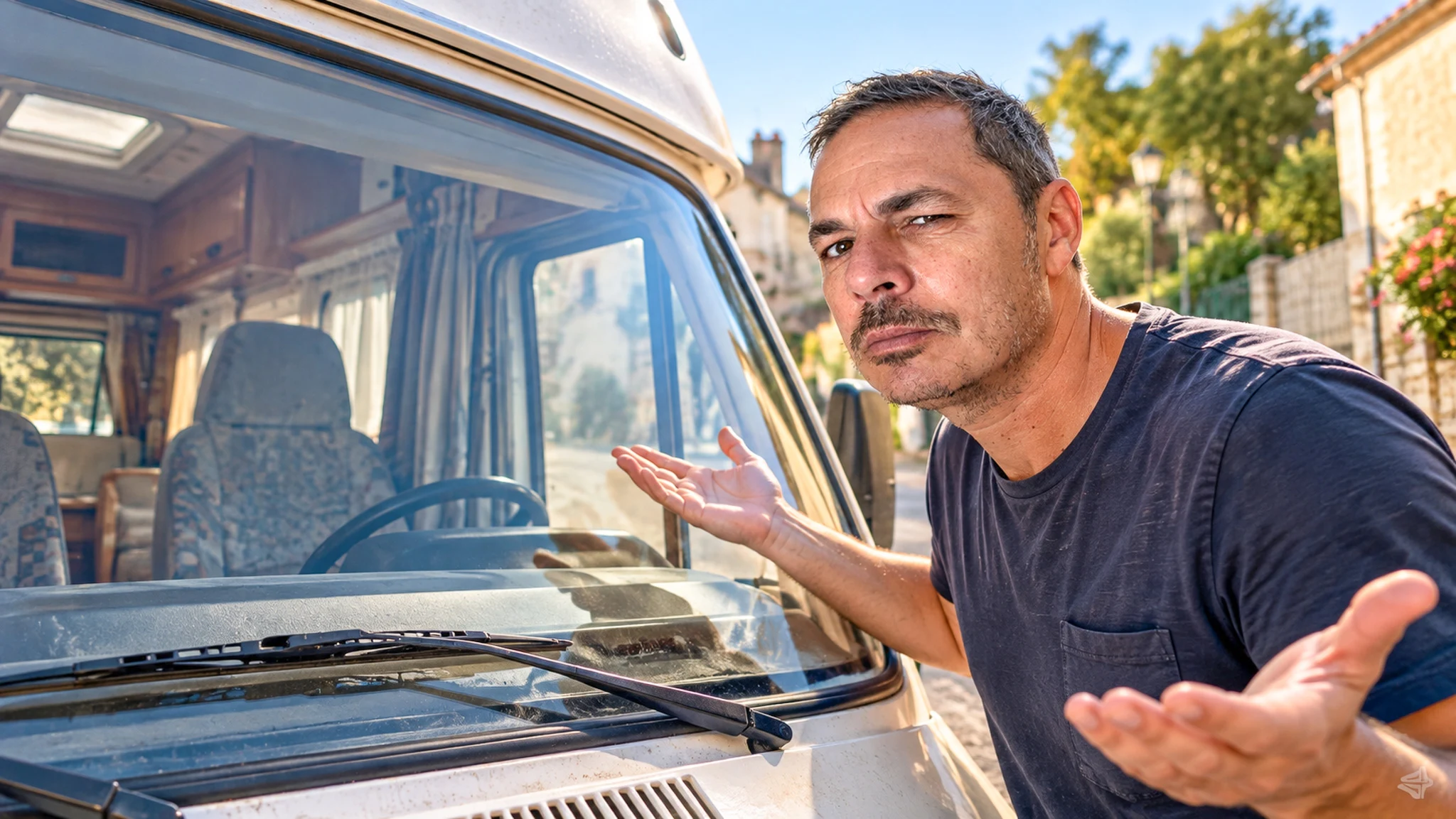 Xavier in front of the empty windshield of his 1999 camper van, arms outstretched
