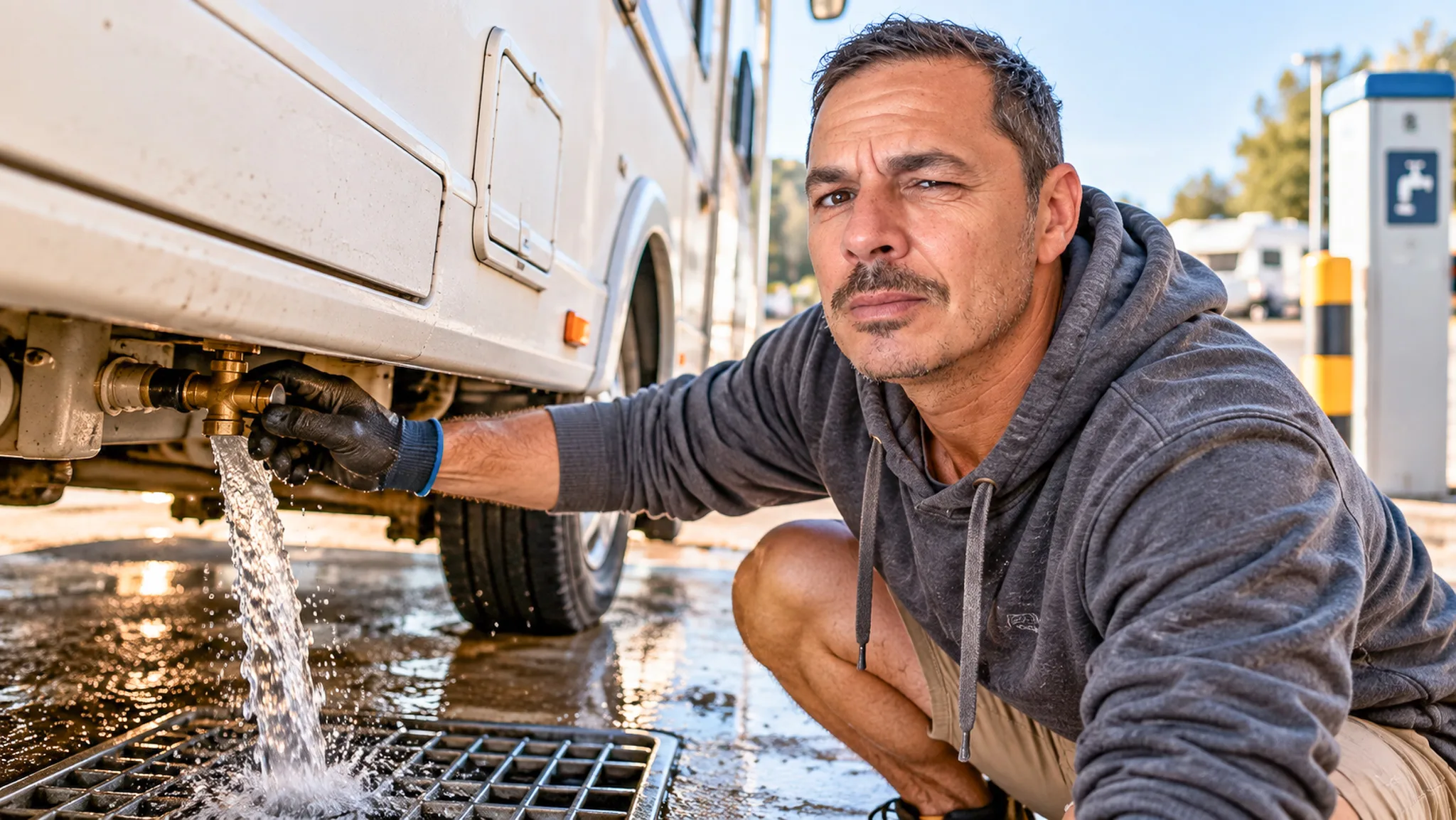 Xavier crouching and opening the grey water tap under the chassis of his motorhome with a gloved hand, the water running into the drainage grate of a service point