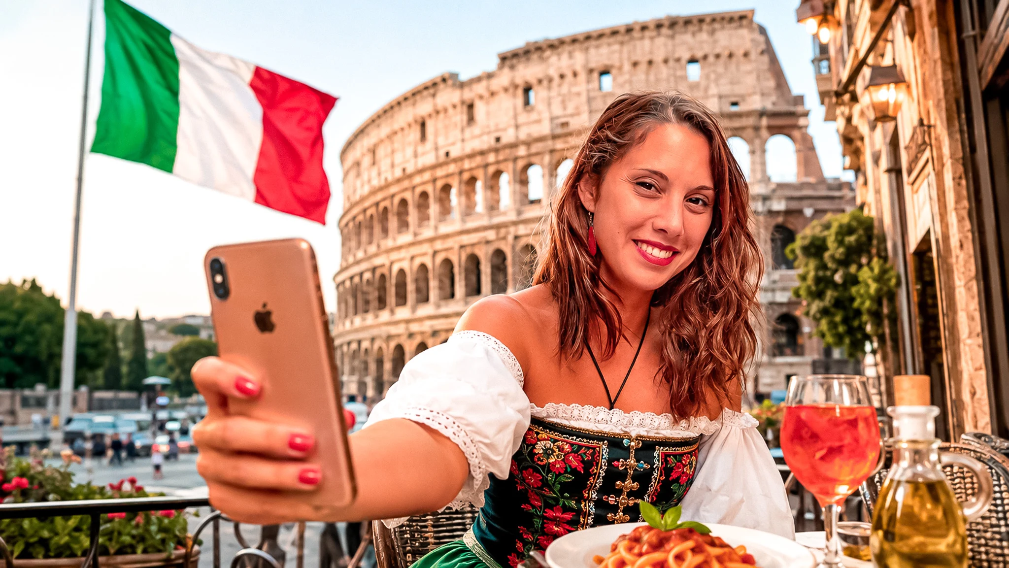 Caroline taking a selfie in front of the Colosseum in Rome with a plate of pasta and an Italian flag in the background.