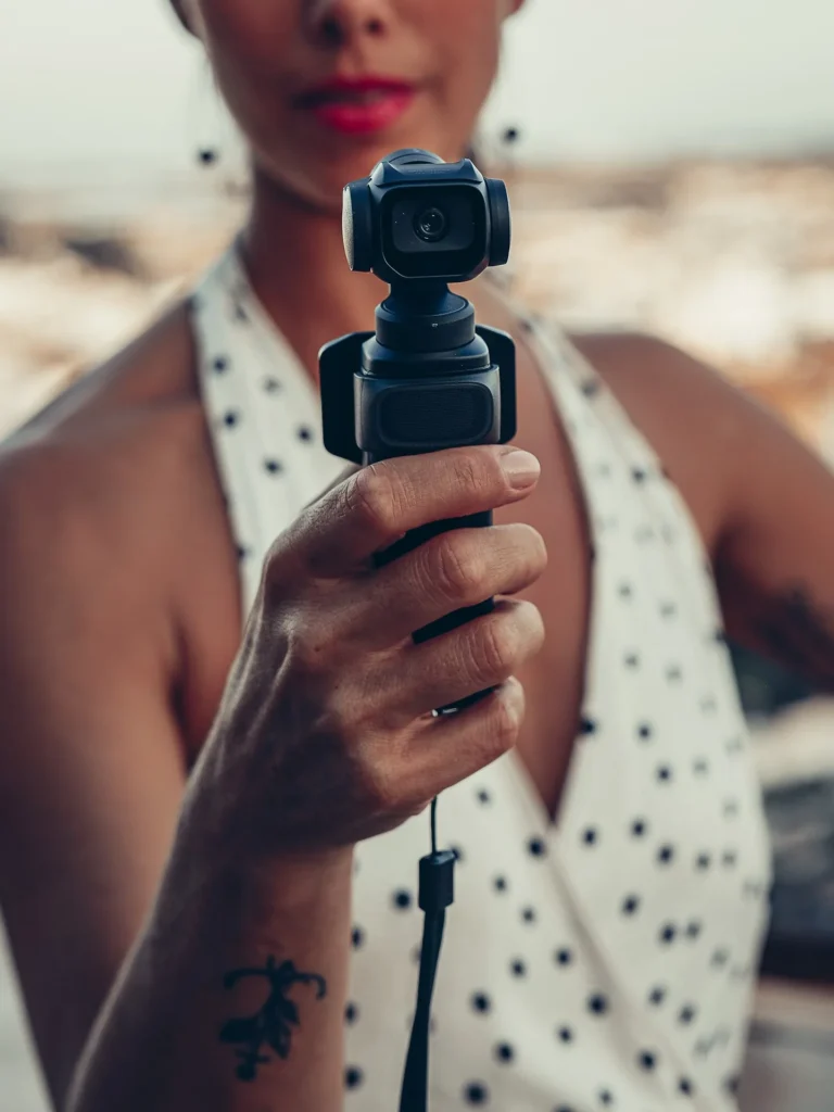 Caroline taking control of the Insta360 Luna Pro on the rooftop