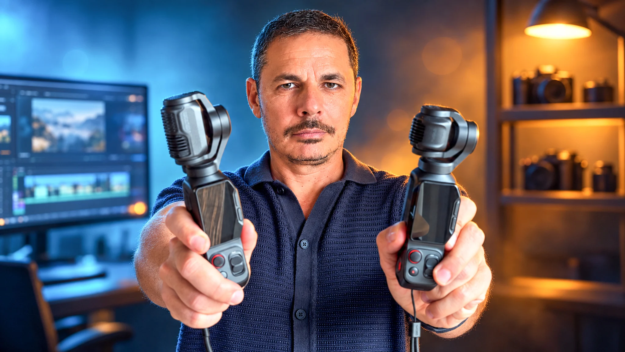 Xavier holds the Insta360 Luna Ultra and the Luna Pro, one in each hand
