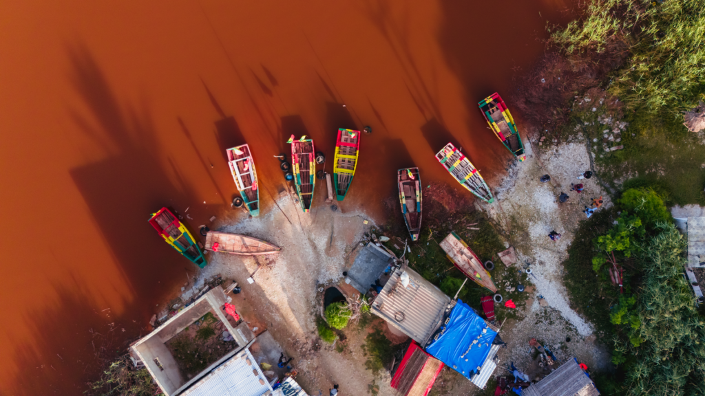 Aerial view of fishing pirogues on Lake Retba in Senegal