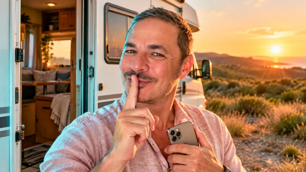 Xavier in front of his camper van at sunset, finger on his lips, smartphone in hand