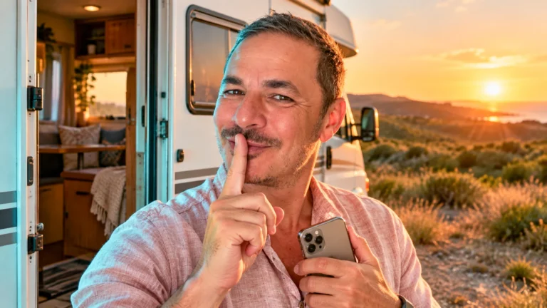 Xavier in front of his camper van at sunset, finger on his lips, smartphone in hand