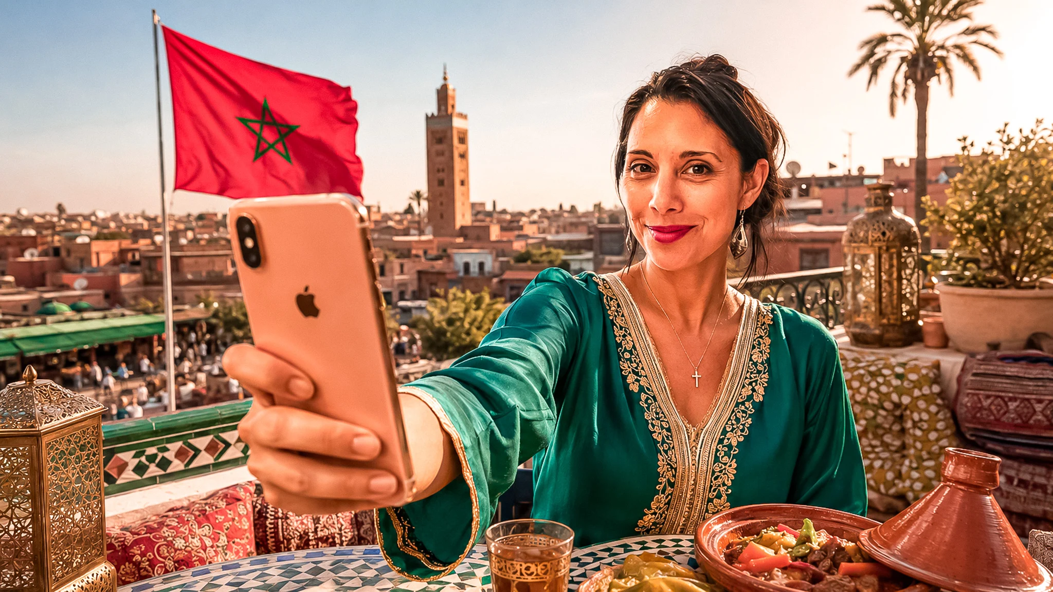 Caroline in Marrakech with an unlimited SIM card, in front of the Koutoubia Mosque, Moroccan flag in the background.