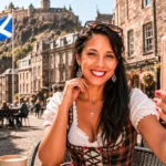 Caroline taking a selfie at a cafe table in Edinburgh, with Edinburgh Castle and the Saltire behind her