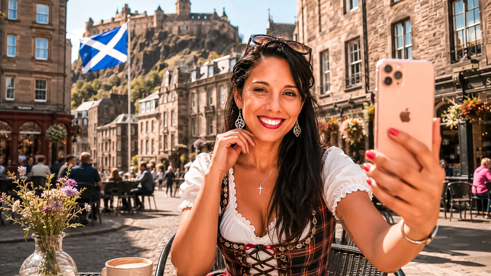 Caroline taking a selfie at a cafe table in Edinburgh, with Edinburgh Castle and the Saltire behind her