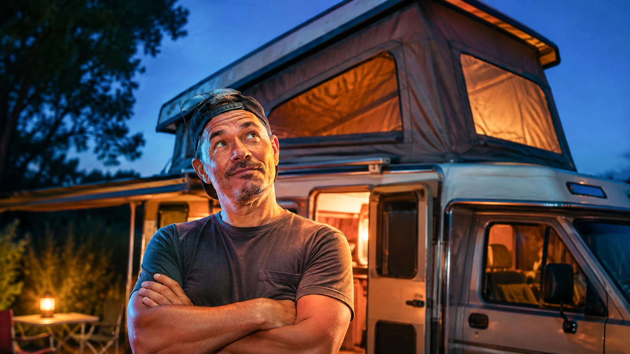Pop-up roof open on a converted van, the fabric of the bellows seen from the outside at dusk