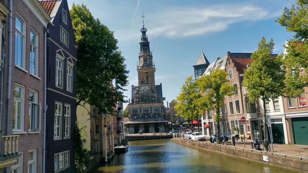 Alkmaar canal with the Waag tower in the distance