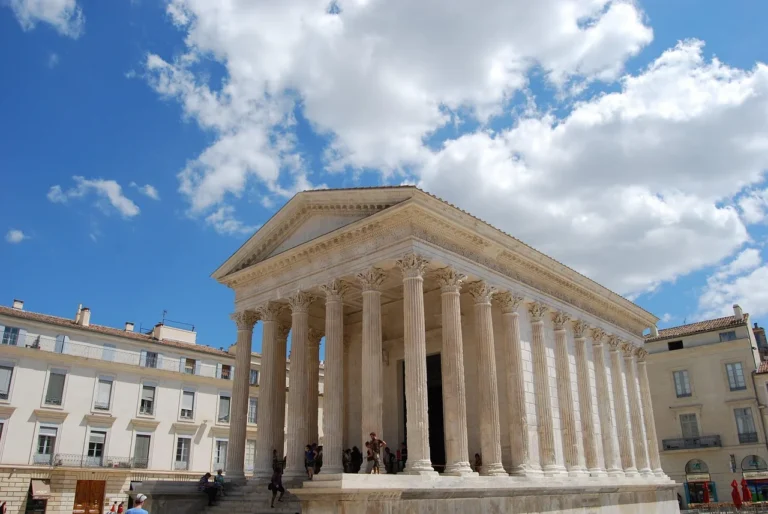 Columns of the Maison Carrée in Nîmes, seen from the square