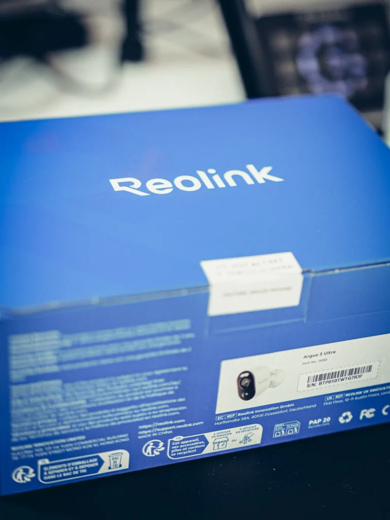 Blue box of the Reolink Argus 3 Ultra camera before unboxing