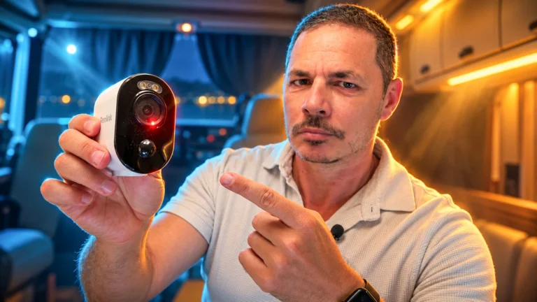 Xavier holding a Reolink Argus 3 Ultra inside the motorhome