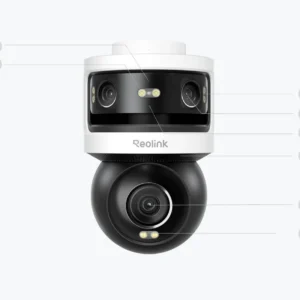 Front view of the Reolink OMVI 3i WiFi: two panoramic lenses and motorized camera