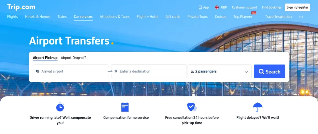 Trip.com airport pick-up and drop-off booking form in English