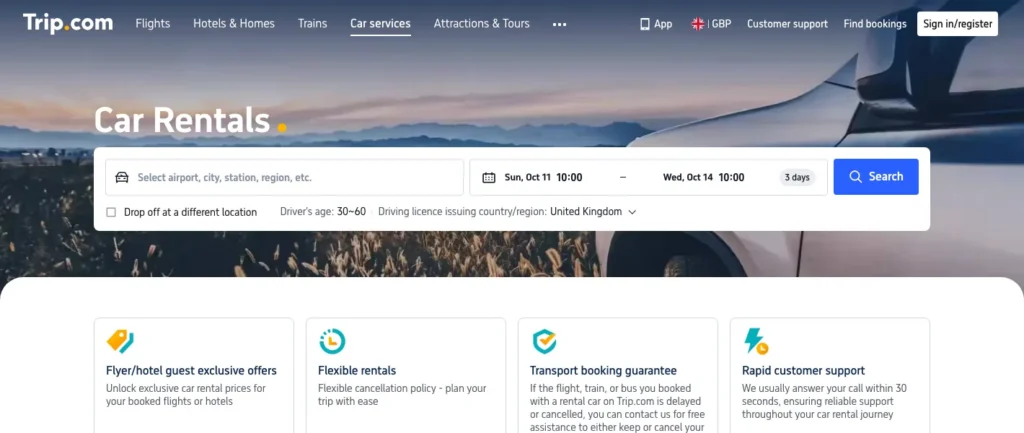 Trip.com car hire search form in English, with pick-up location and dates
