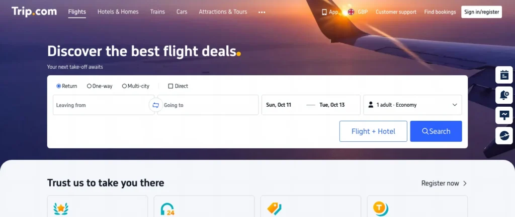 Trip.com flight search form in English with airports and dates
